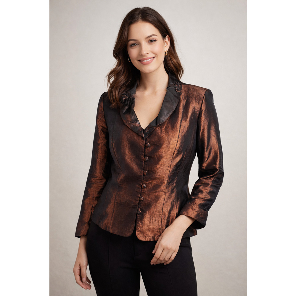 Y2K Brown Satin Blazer Formal‎ Jacket Metallic womens sz 12 USA evening tailored